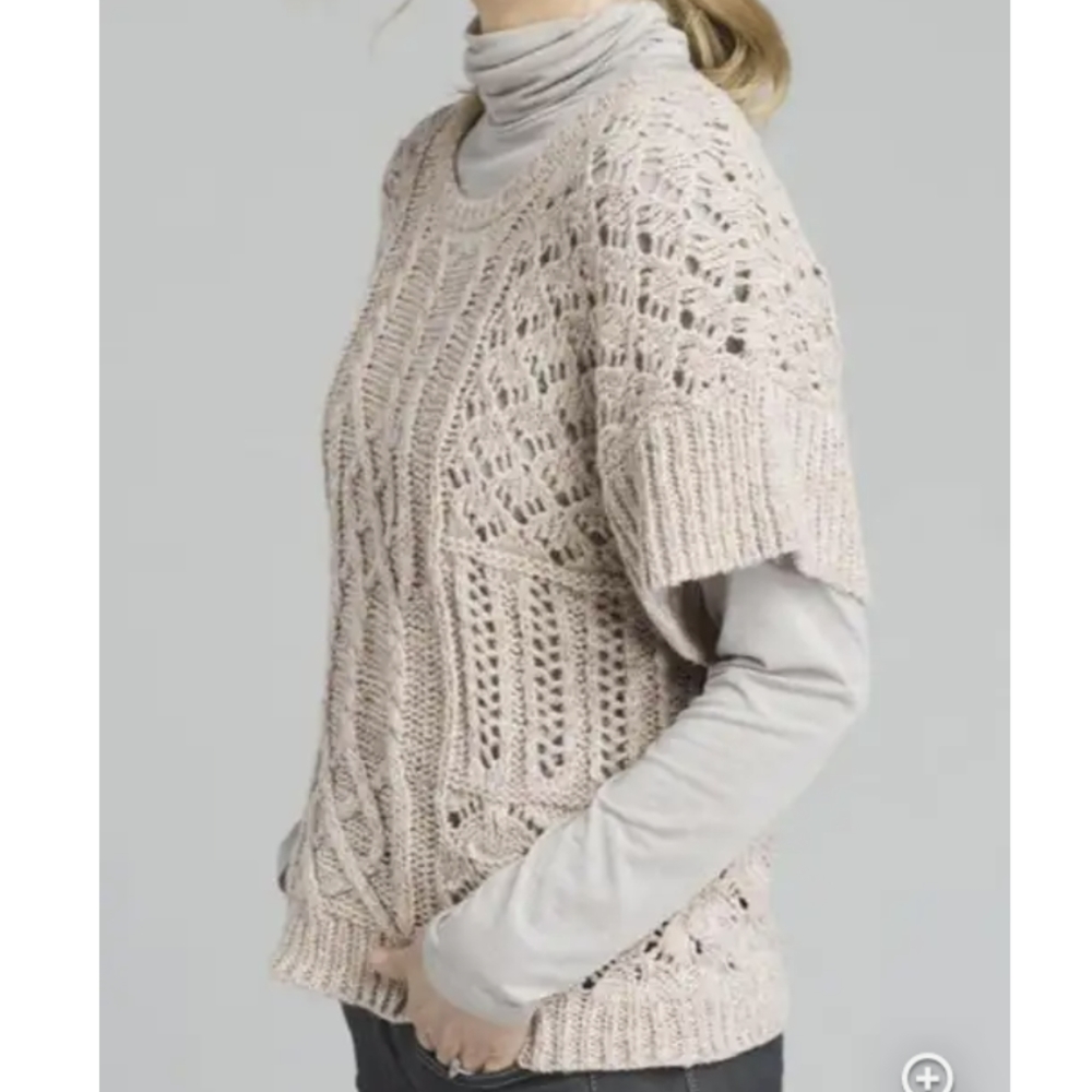 PrAna Short Sleeve Cable Knit Tan/Beige Patchwork Sweater, XL